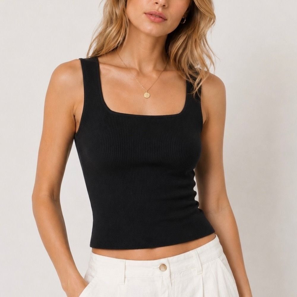 Reformation Julia Ribbed Sweater Tank Women's Large Black Square Neck Minimal